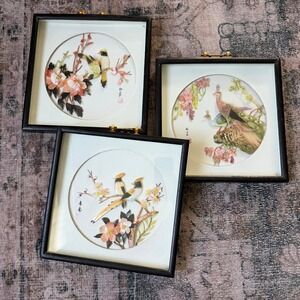 Vintage Chinese Shell Art Shadow Box Set of 3 Bird Floral 3D Relief Black Frame